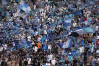 Napoli's fans wait for the start of the Serie A soccer match between Napoli and Sampdoria at the Diego Maradona Stadium, in Naples, Sunday, June 4, 2023. (AP Photo/Andrew Medichini)
