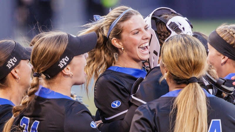 BYU players celebrate a big win against Oklahoma State March 22, 2024, in Provo. The Cougars upset the Cowgirls Thursday in the Big 12 tournament and will face No. 2 seed Oklahoma Friday at 4 p.m. MDT.