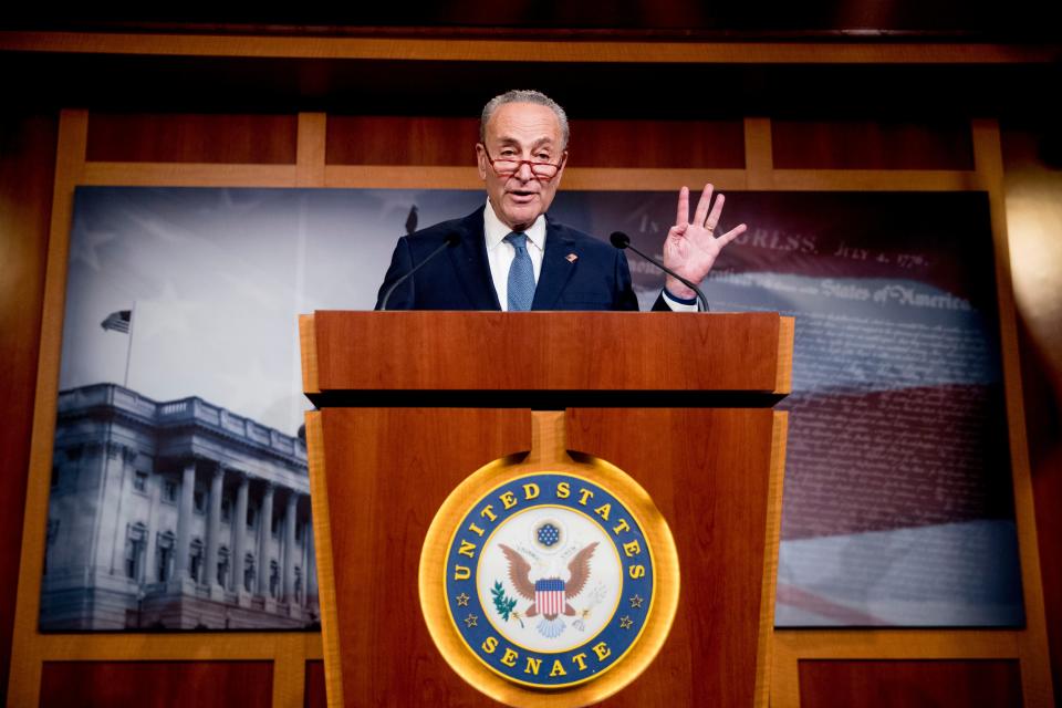 Senate Minority Leader Sen. Chuck Schumer of N.Y., speaks at a news conference, Monday, Dec. 16, 2019, on Capitol Hill in Washington.