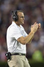 South Carolina head coach Shane Beamer cheers on his team in the first time half of an NCAA college football game against Kentucky, Saturday, Sept. 25, 2021, at Williams-Brice Stadium in Columbia, S.C. (AP Photo/Hakim Wright Sr.)