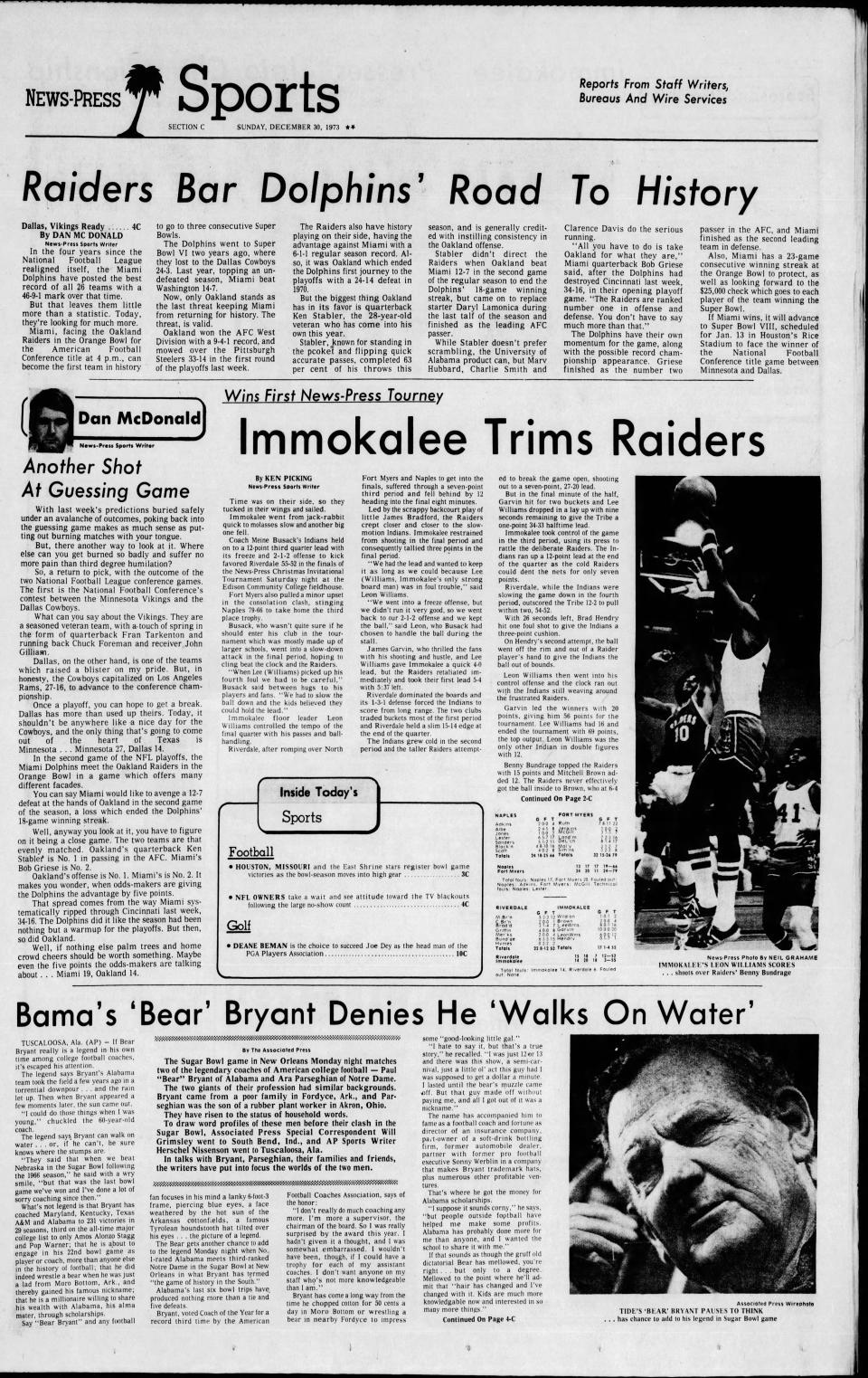 Coverage of the first City of Palms, then know as The News-Press Christmas Invitational, championship game in 1973 won by Immokalee.
