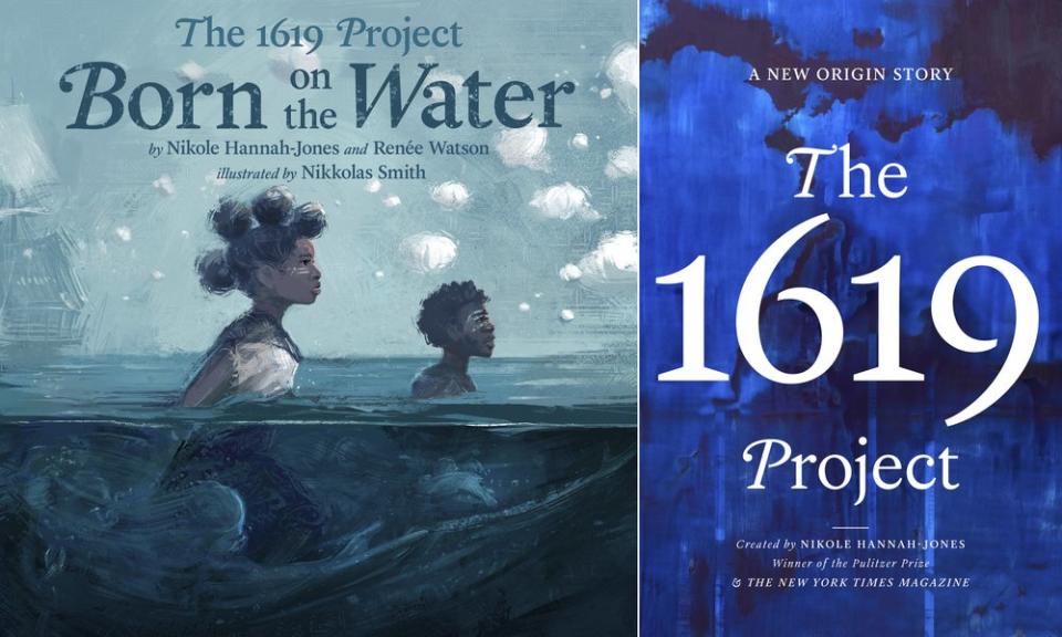 This combination photo shows cover art for “The 1619 Project: Born On the Water” based on a student’s family tree assignment, with words by Hannah-Jones and Renee Watson and illustrations by Nikkolas Smith, left, and “The 1619 Project: A New Origin Story”. (Kokila/One World via AP)