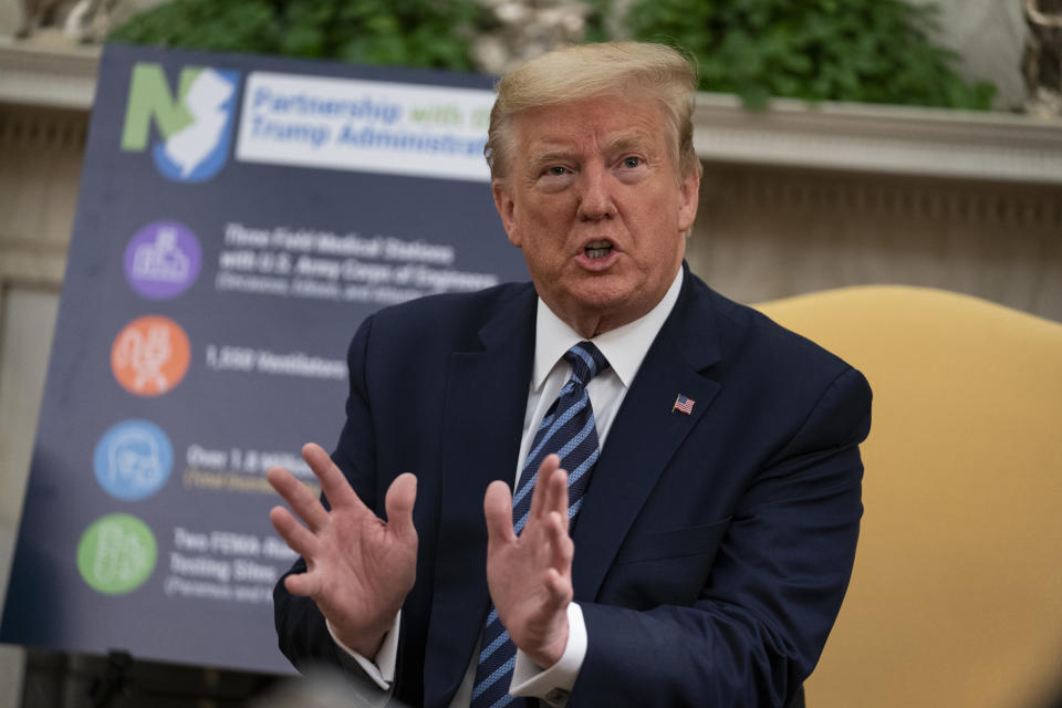 President Donald Trump speaks during a meeting about the coronavirus response with Gov. Phil Murphy, D-N.J., in the Oval Office of the White House, Thursday, April 30, 2020, in Washington. (AP Photo/Evan Vucci)