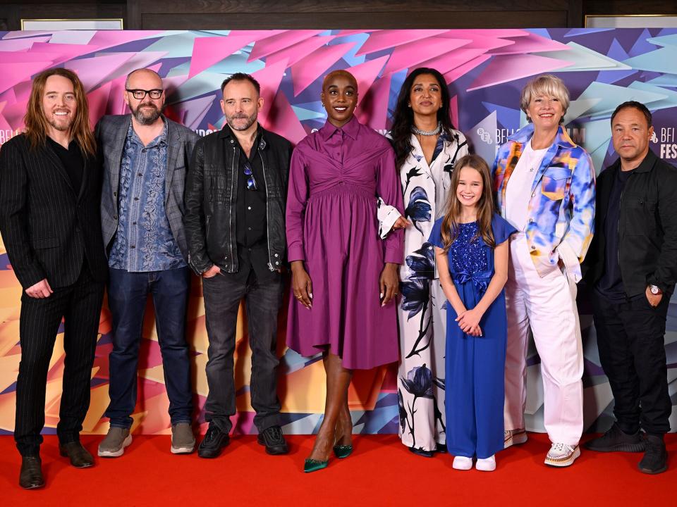 Tim Minchin, Dennis Kelly, Matthew Warchus, Lashana Lynch, Sindhu Vee, Alisha Weir, Dame Emma Thompson and Stephen Graham attend Roald Dahl's "Matilda The Musical" Photocall during the 66th BFI London Film Festival at The Mayfair Hotel on October 05, 2022 in London, England