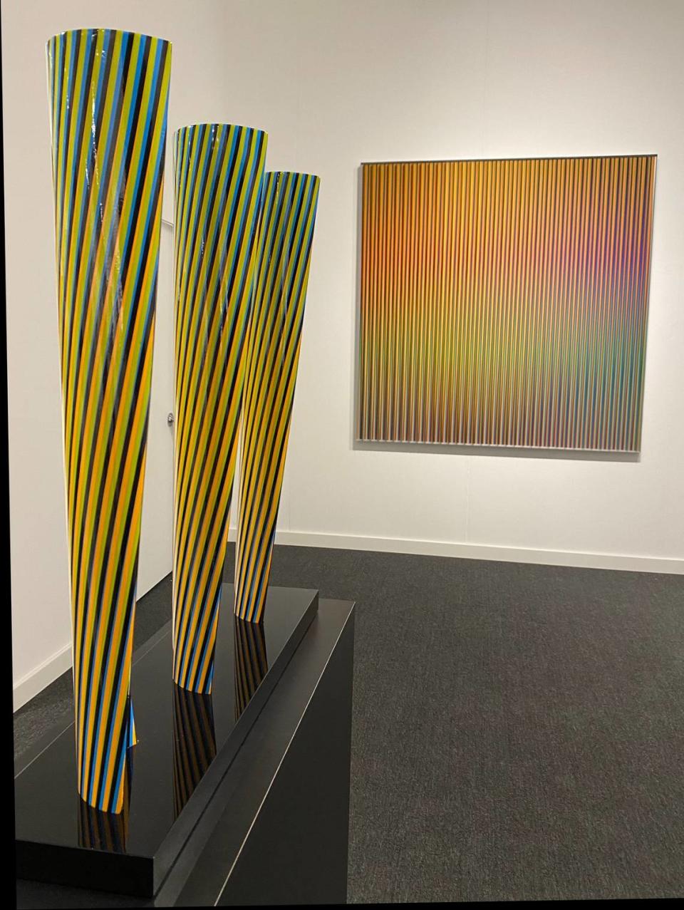 Sculptures and wallpieces by Carlos Cruz-Diez fill the 2021 booth of Galeries Bartoux at Art Miami.