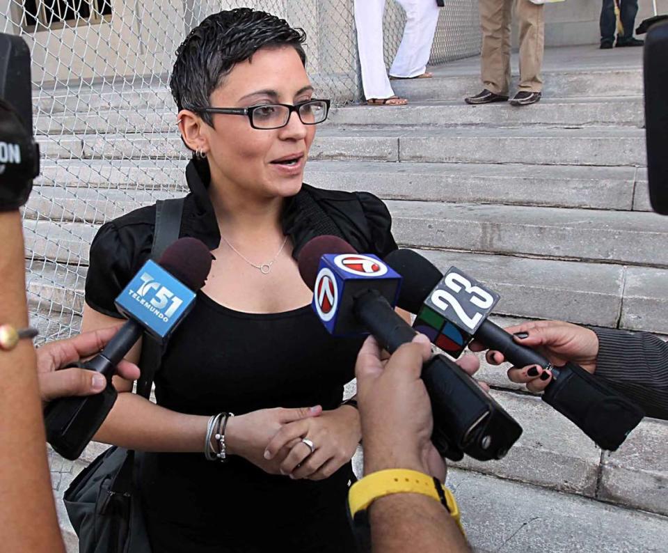 Vanessa Brito, arrested Tuesday in Miami, played a role in one of Miami-Dade County’s most tumultuous political eras. She is pictured here on the Dade County courthouse steps after a hearing on an ultimately successful effort to recall then-County Commissioner Natacha Seijas.