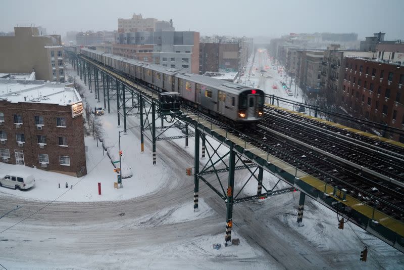 Snow falls during a Nor'easter storm amid the coronavirus disease (COVID-19) pandemic in New York