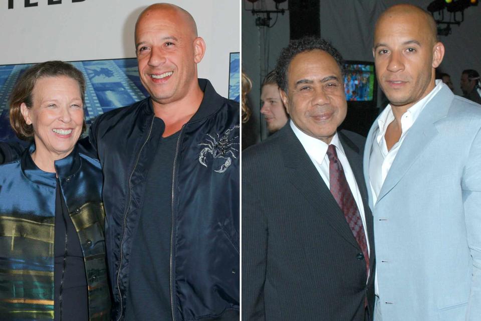 <p>Rich Fury/Getty ; Djamilla Rosa Cochran/WireImage</p> Delora Vincent and Vin Diesel in 2017; Irving Vincent and Vin Diesel in 2005