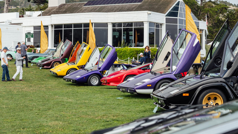 The Lamborghini Countach 50th Anniversary class at the 2021 Pebble Beach Concours d’Elegance. - Credit: Photo by Jordan Lenssen, courtesy of Automobili Lamborghini S.p.A.