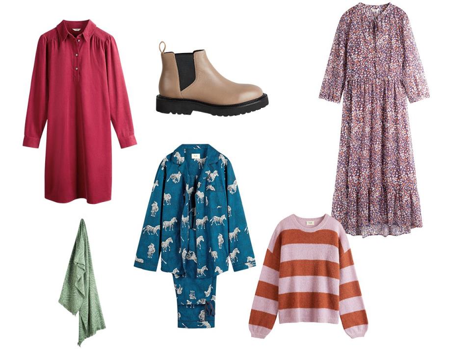 Cait mini dress, £75; Mabel striped jumper, £89; Lucetta scarf, £49; Elsa pyjamas, £59; Frankie midi dress, £110; Lucan Chelsea boots, £149; all at hush-uk.com