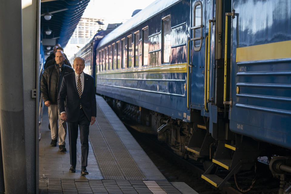 President Joe Biden arrives for a surprise visit with Ukrainian President Volodymyr Zelenskyy, Monday, Feb. 20, 2023, in Kyiv. (AP Photo/Evan Vucci, Pool)