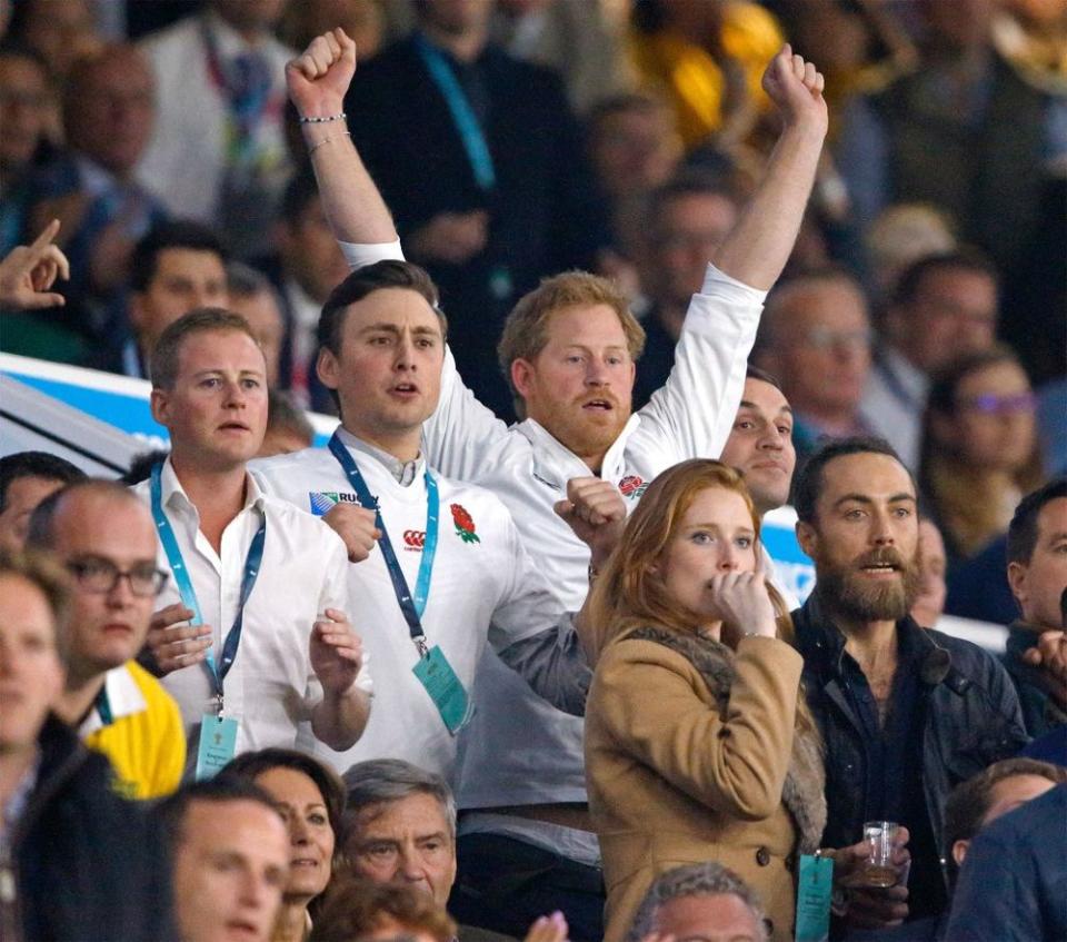 Charlie van Straubenzee, Prince Harry and James Middleton attend the England vs. Australia match during the Rugby World Cup 2015 | Max Mumby/Indigo/Getty