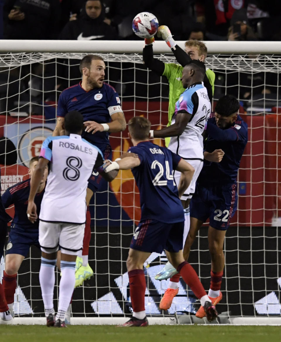 Chicago Fire goalie Chris Brady makes a save during the second half of an MLS soccer game against Minnesota United Saturday, April 8, 2023 in Chicago. Chicago won 2-1. AP Photo/Paul Beaty)