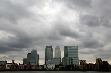 Storm clouds are seen above the Canary Wharf financial district in London, Britain, August 3, 2010. REUTERS/Greg Bos/File Photo