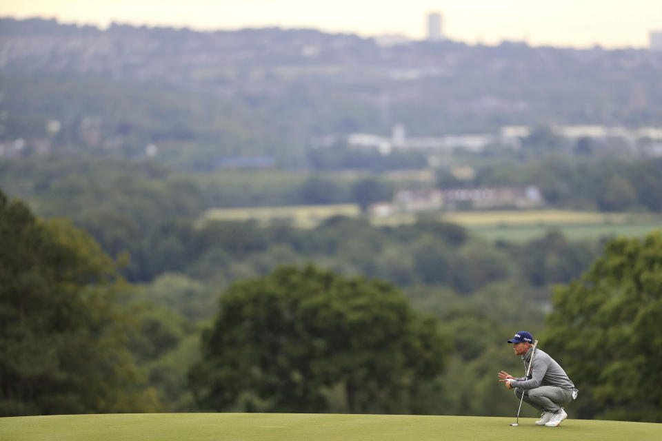 Zimbabwe's Scott Vincent lines up a putt during day one of the British Masters at Close House Golf Club, near Newcastle, England, Wednesday July 22, 2020. The European Tour resumes in earnest after its pandemic-induced shutdown with the British Masters starting Wednesday. (Mike Egerton/PA via AP)