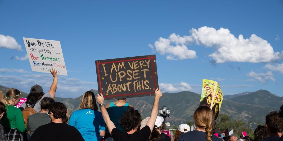 Protesters are seen with mountains in the background.