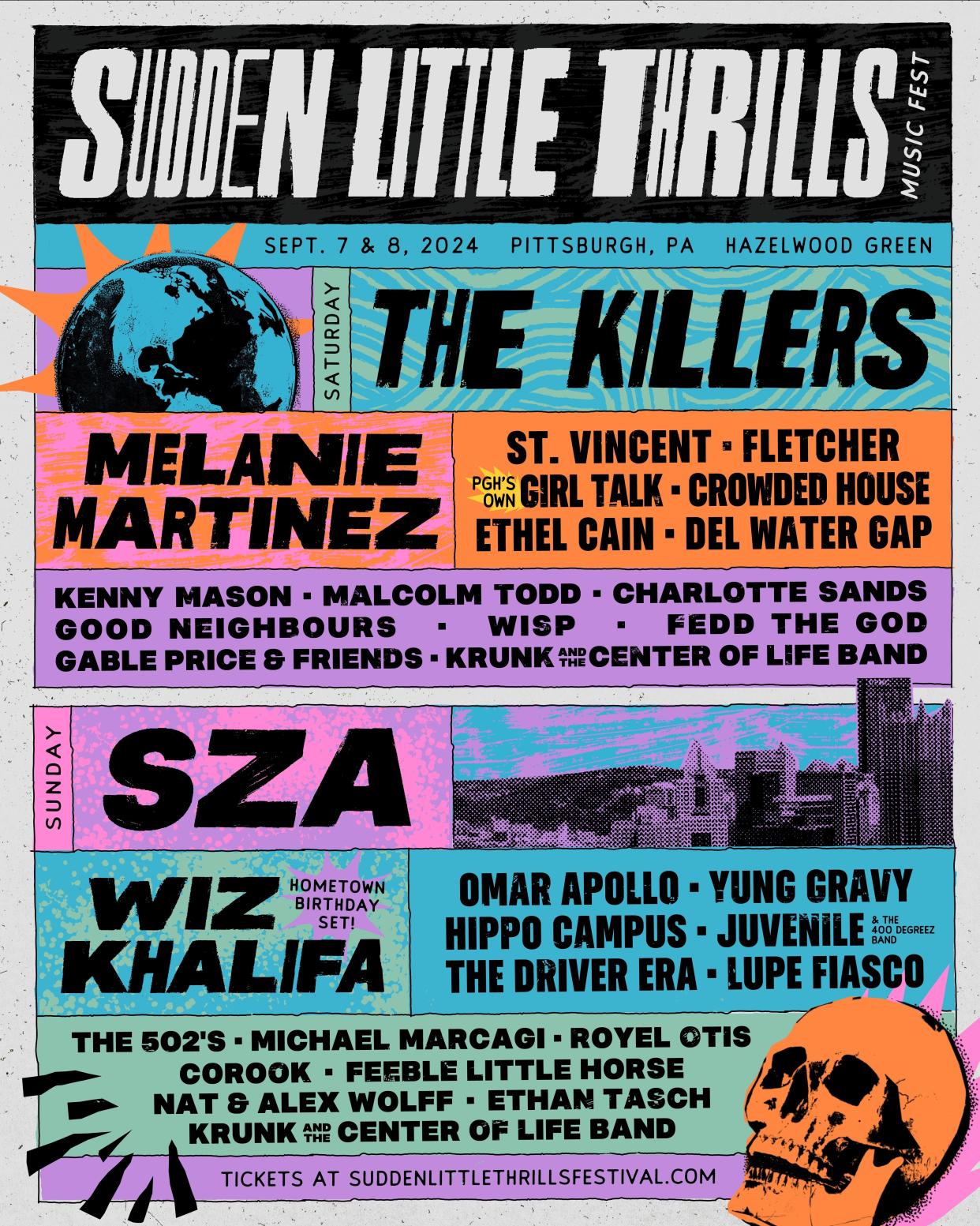Poster for a new Pittsburgh concert festival, Sudden Little Thrills, with The Killers, SZA, Crowded House and more.
