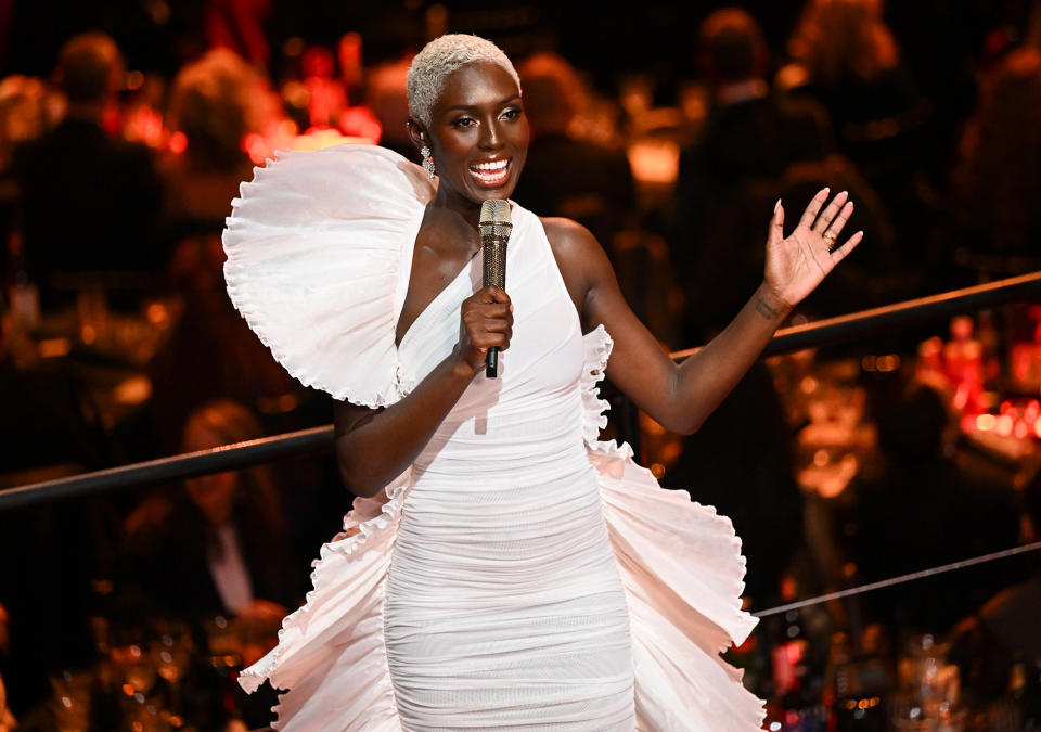 <p>Fashion Awards host <a href="https://people.com/tv/joshua-jackson-jodie-turner-smith-relationship-timeline/" rel="nofollow noopener" target="_blank" data-ylk="slk:Jodie Turner-Smith;elm:context_link;itc:0;sec:content-canvas" class="link ">Jodie Turner-Smith</a> looks fabulously frilly in a white statement dress, one of several ensembles she wore during the London-based ceremony on Dec. 5.</p>