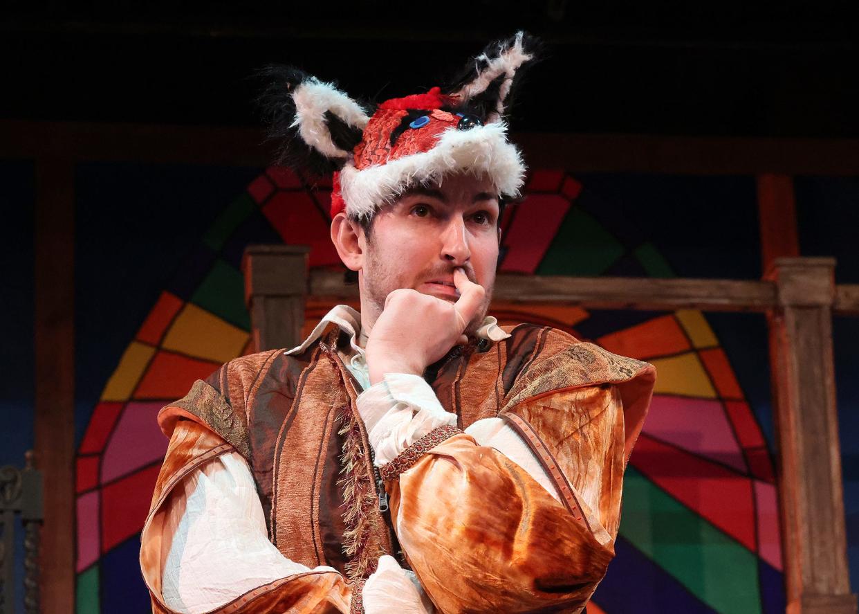 Reynard the Fox (Brian Lore Evans) puzzles out a course of action most beneficial to himself in "Reynard the Fox” (or, The Trickster), written by Fred Sullivan Jr. and on stage in Harwich at Cape Cod Theatre Company/Harwich Junior Theatre.