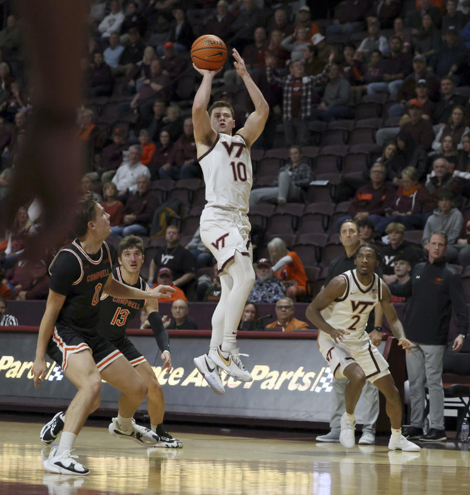 Virginia Tech's Brandon Rechsteiner (10) attempts a shot during the first half of an NCAA college basketball game against Campell, Wednesday, Nov. 15, 2023, in Blacksburg, Va. (Matt Gentry/The Roanoke Times via AP)