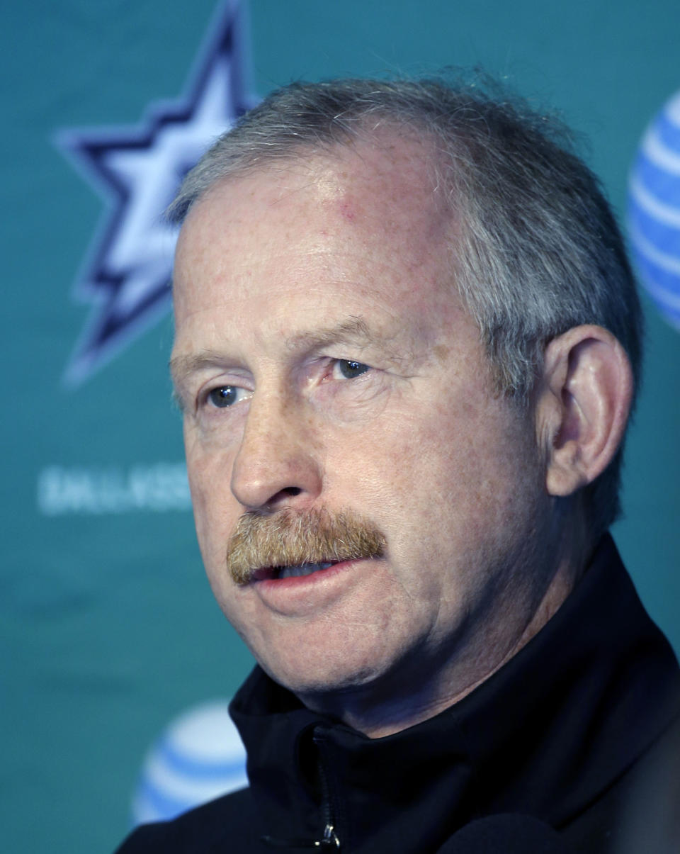 This Sept. 19, 2014 file photo shows Dallas Stars General Manager Jim Nill responding to questions from reporters after a team morning workout on opening day of NHL hockey training camp in Fort Worth, Texas. NHL general managers expected to talk about video review and concussion protocol for goaltenders at their annual March meeting. Coach’s challenges for offside and goaltender interference will be on the docket at the GMs meeting in Boca Raton, Florida, this week. (AP Photo/Tony Gutierrez, file)