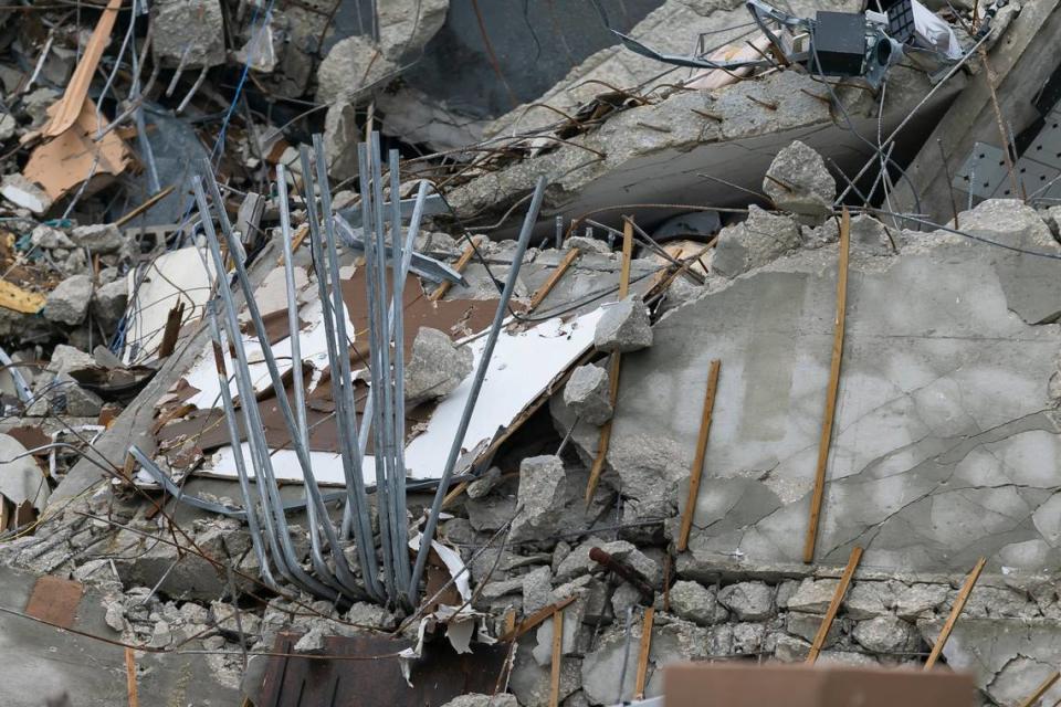 Rubble and debris of the Champlain Towers South condo seen in Surfside, Florida on Tuesday, July 6, 2021. The rubble shown is from the front portion of the condo towers, which was demolished 11 days after the back part of the tower collapsed with people inside.