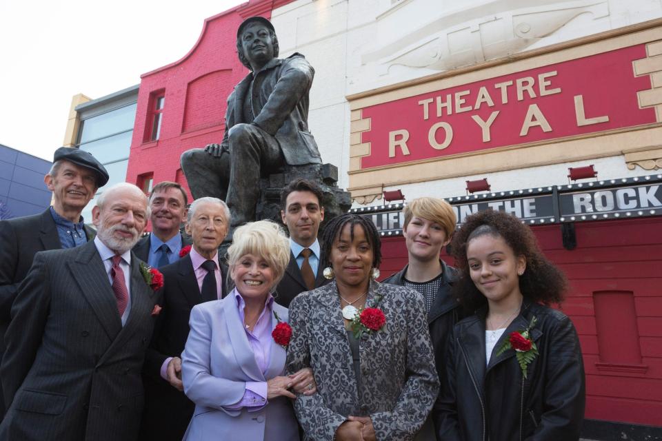 Philip Hedley (far left) with other theater actors at the unveiling of Philip Jackson's statue of Joan Littlewood outside the Royal Stratford East Theater in 2015