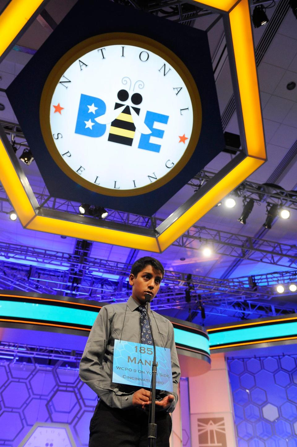 Manu Nair correctly spells “eclectic” in round 2 of the 2015 Scripps National Spelling Bee in National Harbor, Maryland.