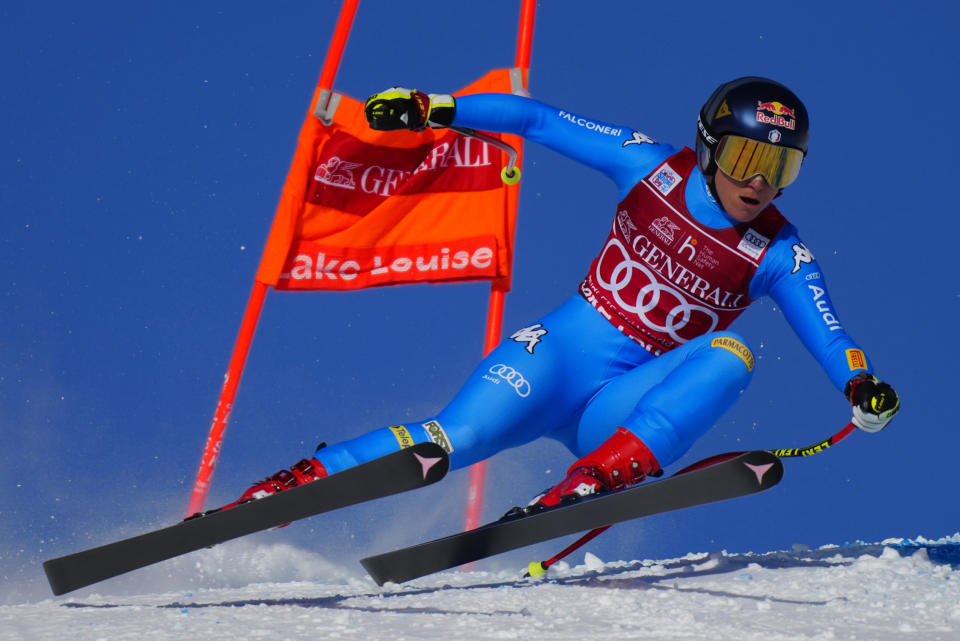 Sofia Goggia, from Italy, skis down the course during the women's World Cup downhill ski race in Lake Louise, Alberta, Friday, Dec. 3, 2021. (Frank Gunn/The Canadian Press via AP)