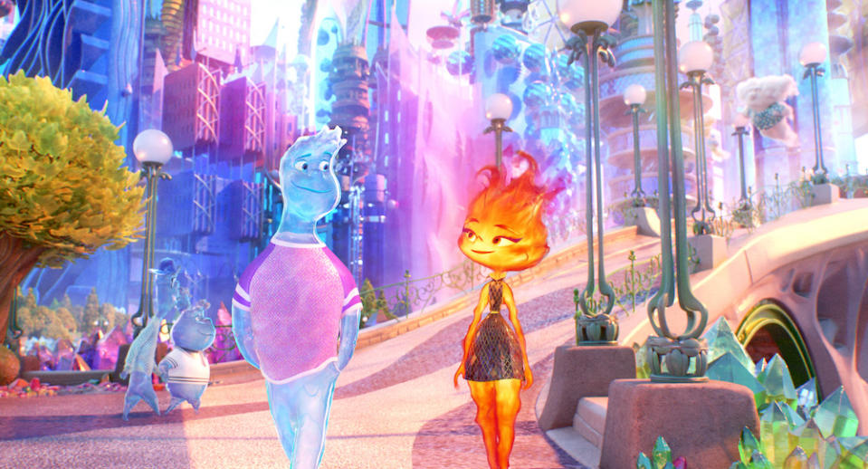 Wade (Mamoudou Athie) and Ember (Leah Lewis) in Elemental. STILL: Disney/Pixar)