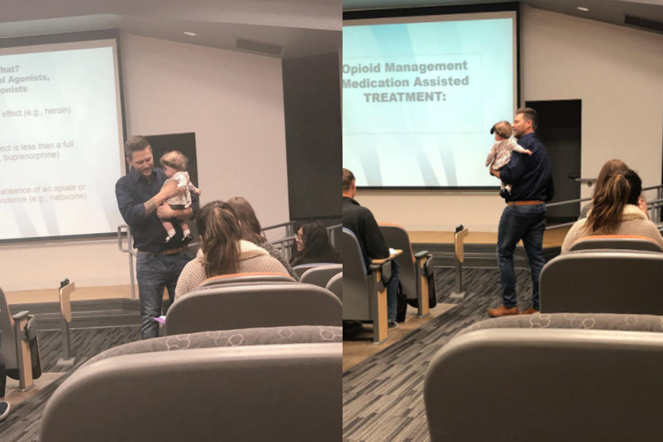 Professor Daniel Fred of the University of Nevada carries a student’s baby while he gives a lecture. (Photo: Twitter/brianna_arvizo)