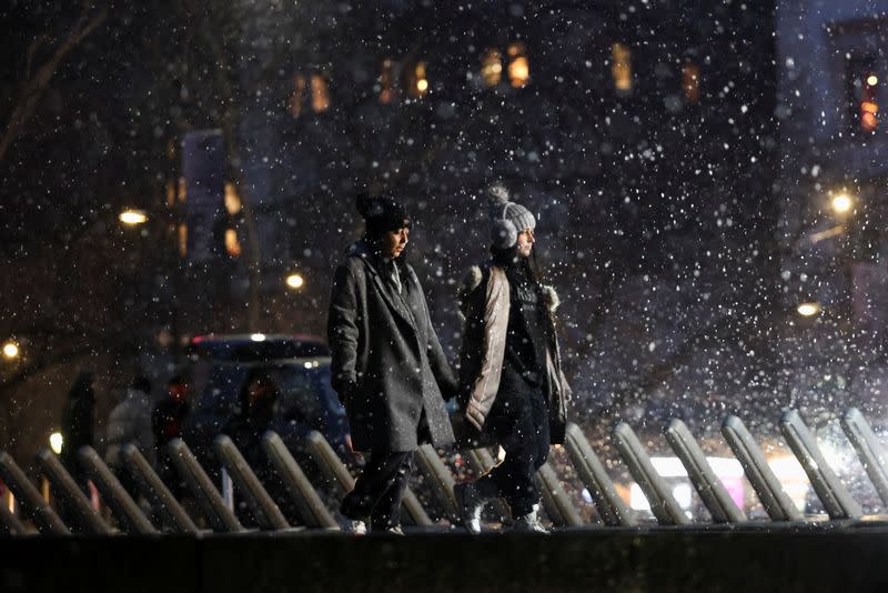 Snow falls in New York City