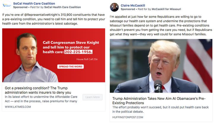Candidates and political groups have started taking out ads attacking the Trump administration&rsquo;s&nbsp;position on protecting pre-existing conditions. (Photo: Facebook)
