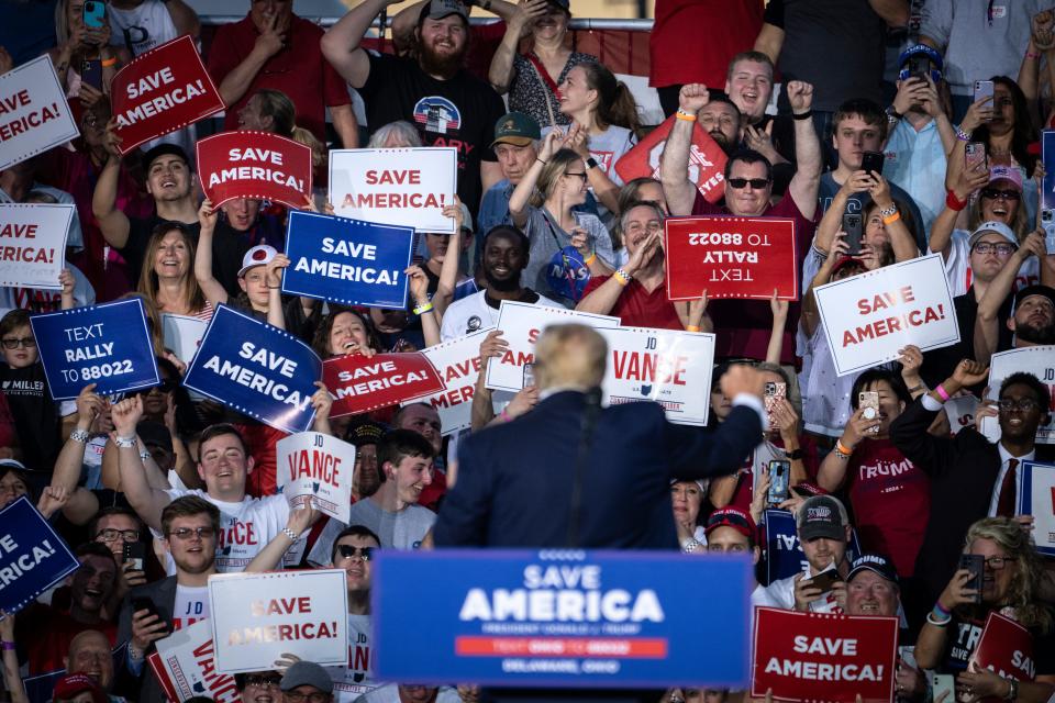 Former President Donald Trump addresses a rally on April 23, 2022, in Delaware, Ohio.