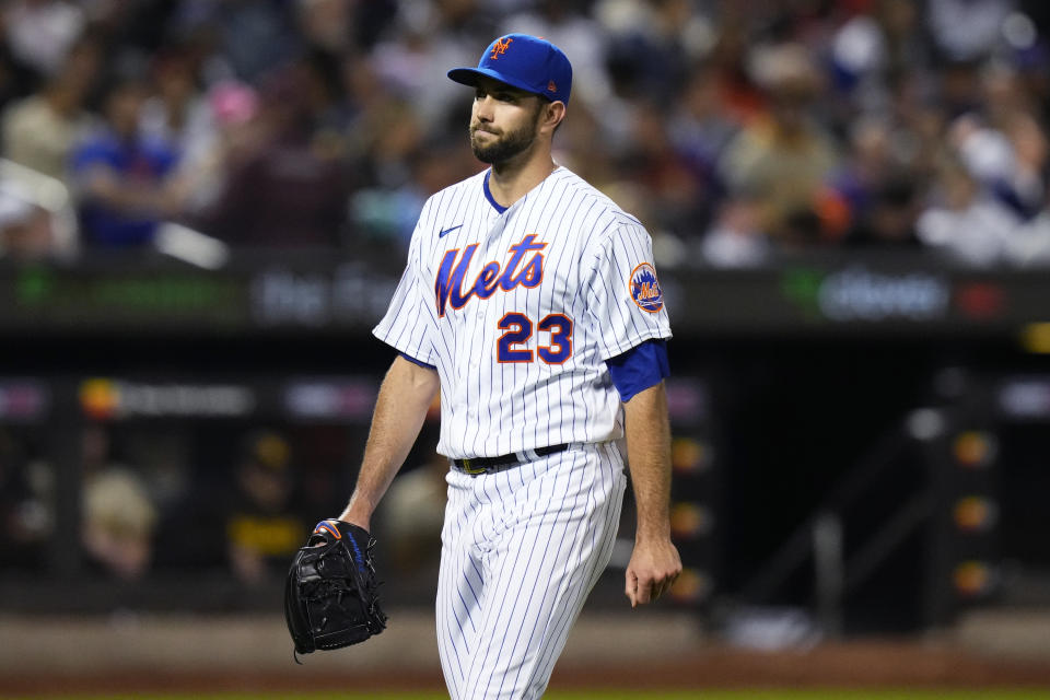 New York Mets starting pitcher David Peterson leaves during the sixth inning of the team's baseball game against the San Diego Padres on Tuesday, April 11, 2023, in New York. (AP Photo/Frank Franklin II)