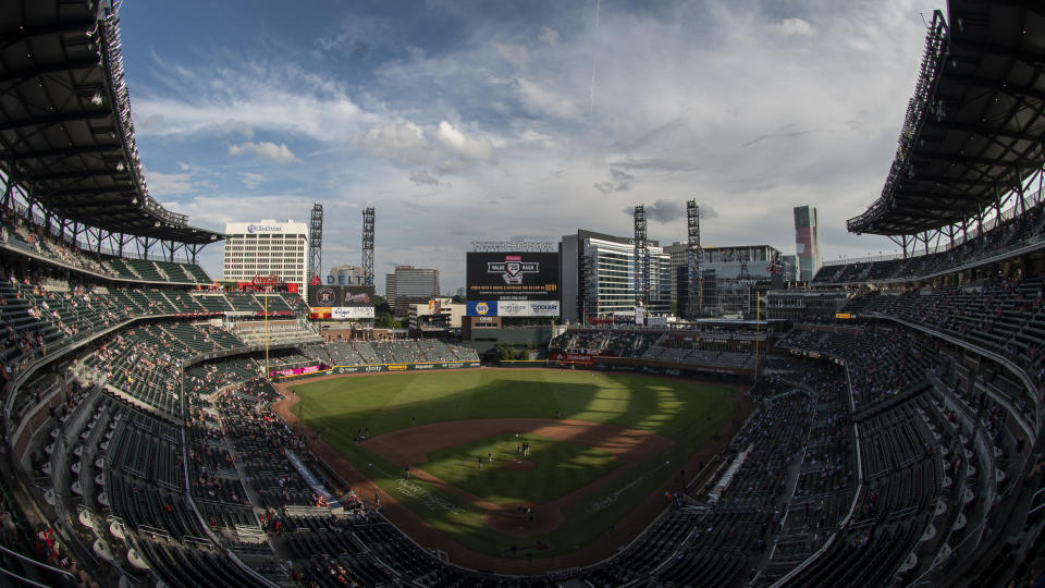 Truist Park is seen before a baseball game between the Atlanta Braves and Houston Astros, Saturday, Aug. 20, 2022, in Atlanta. (AP Photo/Hakim Wright Sr.)