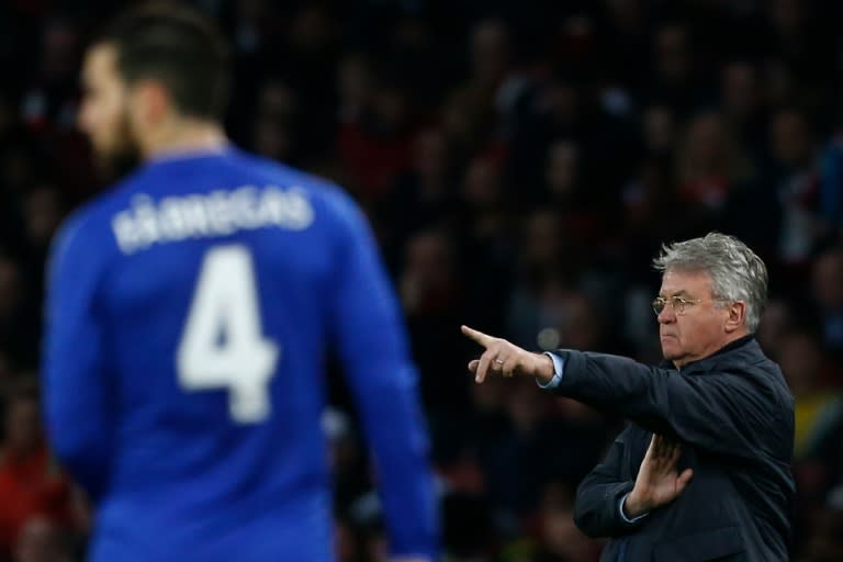 Chelsea manager Guus Hiddink gestures on the touchline during his side's Premier League match against Arsenal at Emirates Stadium on January 24, 2016