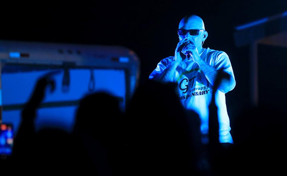 Hip-hop and rap artist Lil Rob entertain spectators on Saturday at the GT 420 Music Fest in Chaparral, New Mexico.