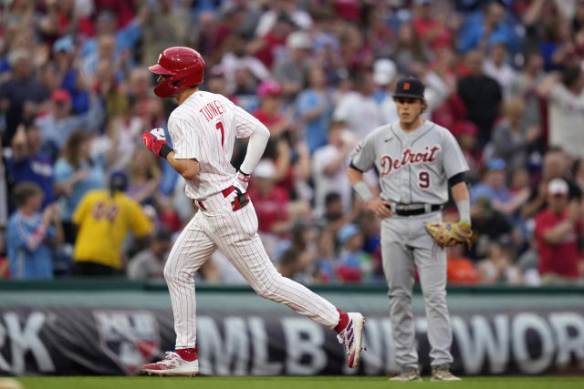 Philadelphia Phillies relief pitcher Connor Brogdon (75) delivers a pitch  in the bottom of the seventh inning in a baseball game against the Texas  Rangers in Arlington, Texas, Sunday, April 2, 2023. (