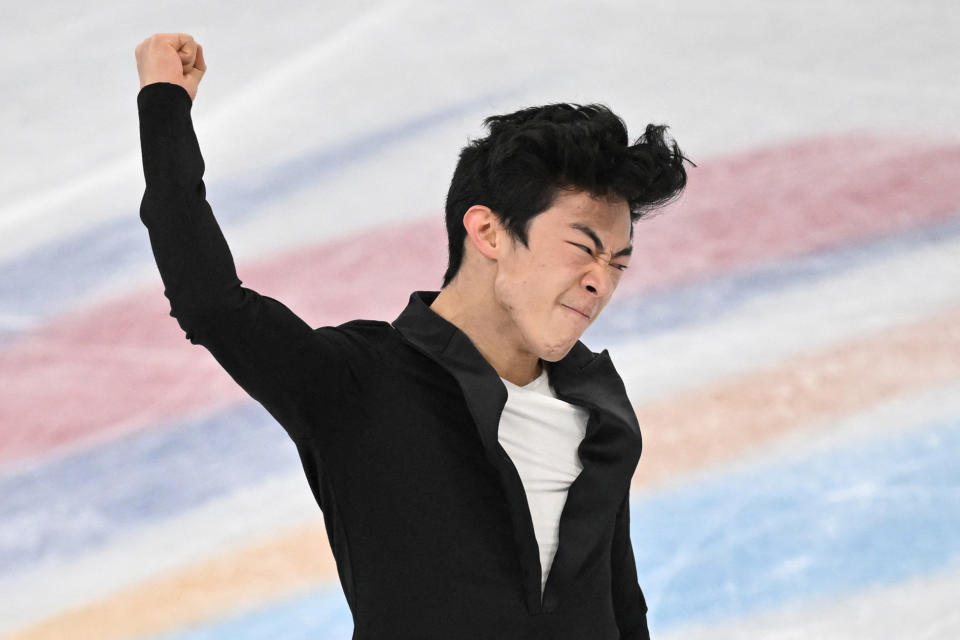 USA's Nathan Chen competes in the men's single skating short program during the 2022 Winter Olympic Games at Capital Indoor Stadium in Beijing on February 8, 2022. (ANNE-CHRISTINE POUJOULAT/AFP via Getty Images)