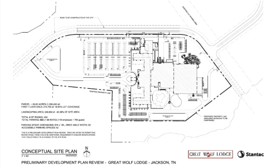 The blue print outlines development site plans for Jackson's Great Wolf Lodge location.