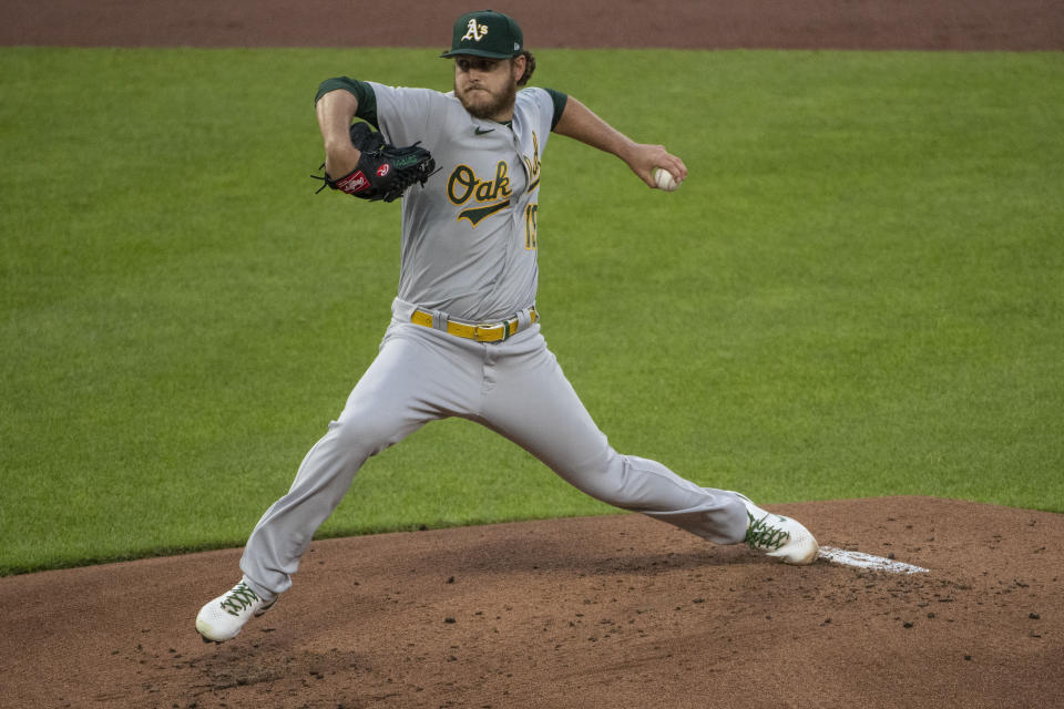 Oakland Athletics pitcher Cole Irvin winds up during the first inning of the team's baseball game against the Baltimore Orioles, Friday, April 23, 2021, in Baltimore. (AP Photo/Tommy Gilligan)