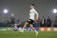 Manchester City's Phil Foden controls the ball during a training session at the Ataturk Olympic Stadium in Istanbul, Turkey, Friday, June 9, 2023. Manchester City and Inter Milan are making their final preparations ahead of their clash in the Champions League final on Saturday night. (AP Photo/Antonio Calanni)