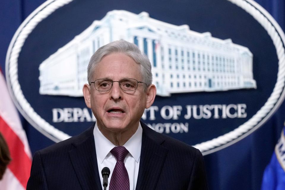 Attorney General Merrick Garland speaks during a news conference at the Justice Department in Washington, Friday, April 14, 2023, on significant international drug trafficking enforcement action.