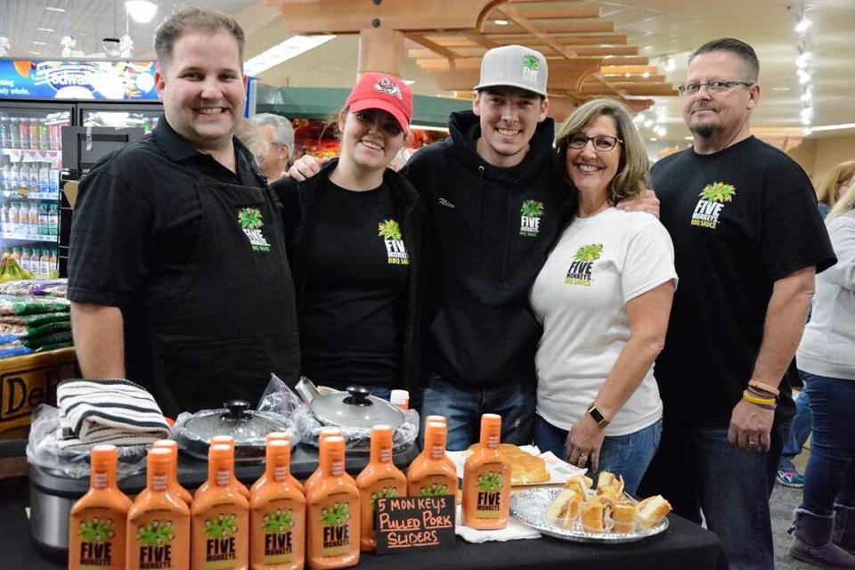 The Morasci family of Modesto launched their own brand of barbecue sauce, Five Monkeys, in August 2017. Pictured L-R: Keith, Taylor, Nico, Kelly and George Morasci.
