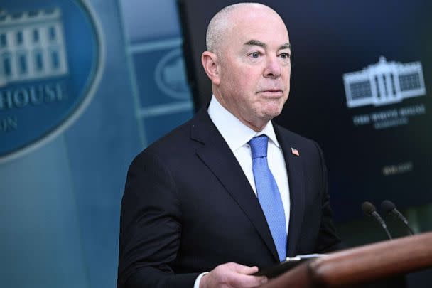 PHOTO: U.S. Homeland Security Secretary Alejandro Mayorkas speaks during the daily press briefing in the James S. Brady Press Briefing Room of the White House, May 11, 2023, in Washington. (Brendan Smialowski/AFP via Getty Images, FILE)