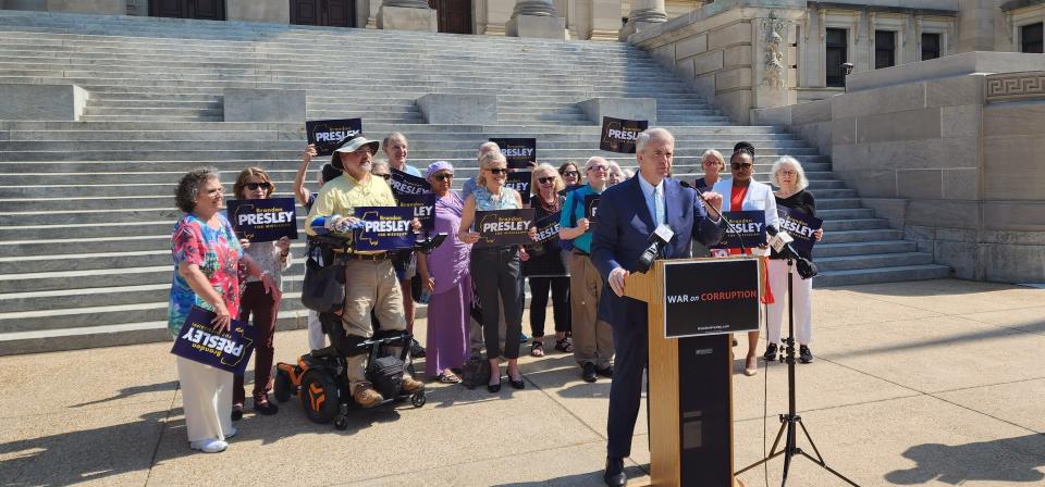 Democratic Public Service Commissioner, and candidate for governor, Brandon Presley outlines his ethics plan from the steps of the Mississippi State Capitol Building on Tuesday, May 16, 2023.