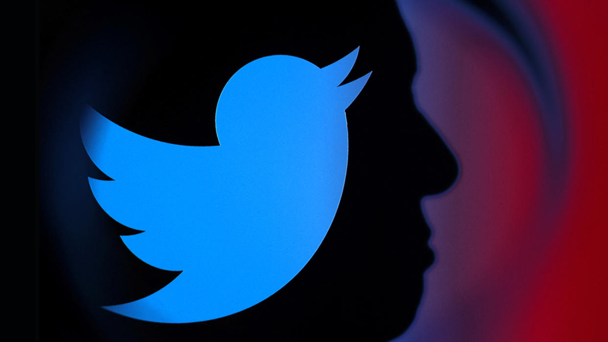 The Twitter logo against a silhouette of Elon Musk’s profile.