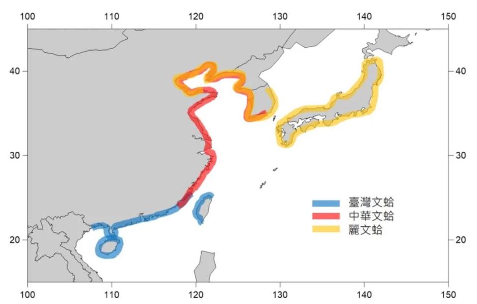 水試所研究指出，台灣文蛤主要分布於台灣與中國大陸南部沿海