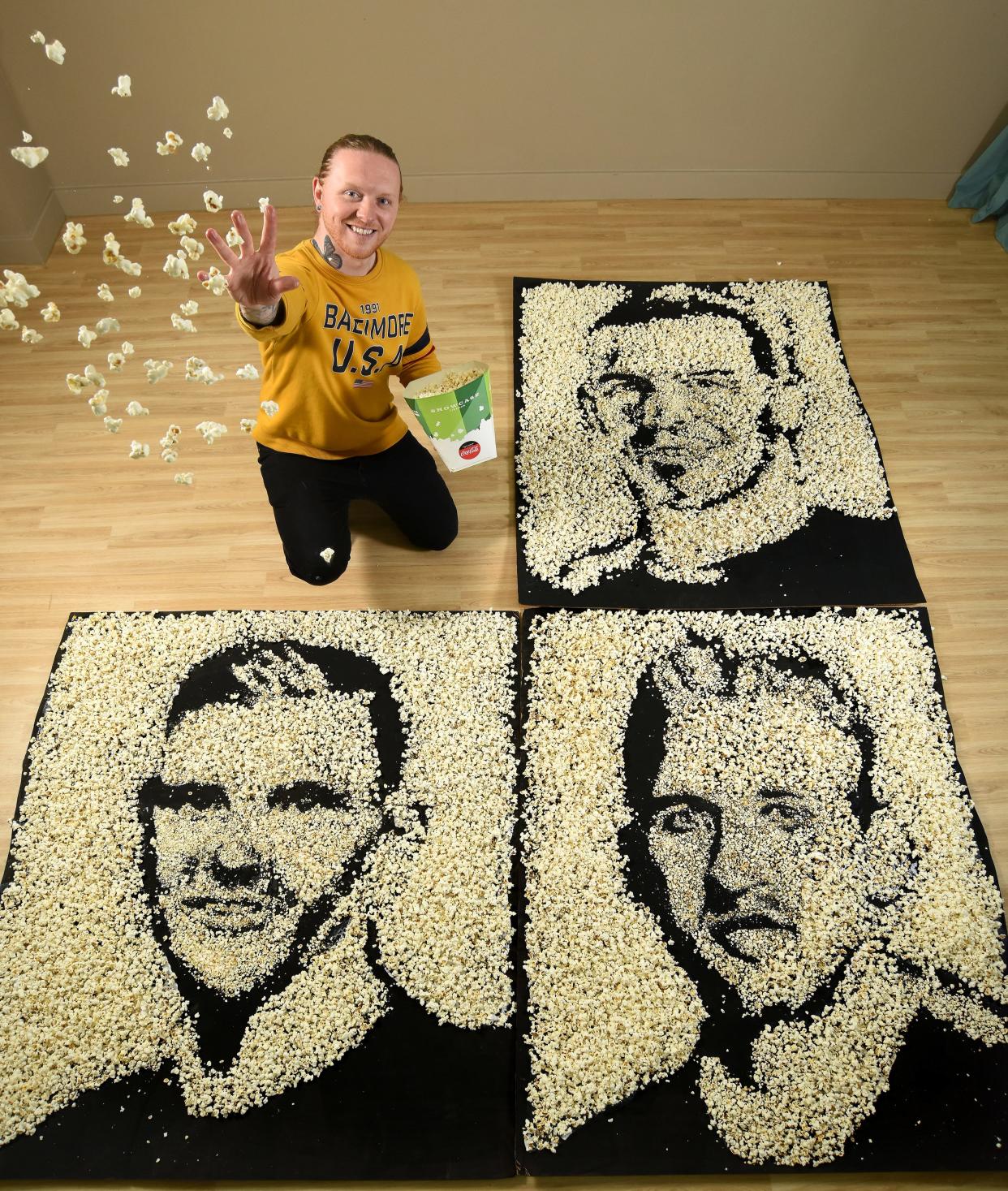 Pictured: To celebrate Showcase will be doing free screenings of the Euros, portraits have been made of the three captains from England, Scotland and Wales.  The footballers are made out of popcorn by artist, Nathan Wyburn.
